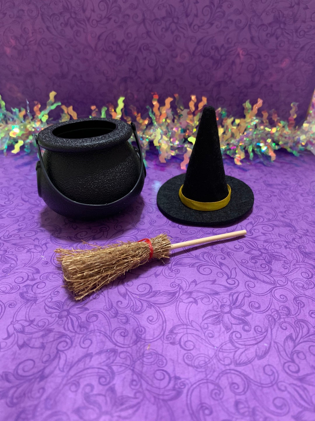 Tiered Tray Witch Set, Set of 3, Witch Hat, Cauldron, and Broom