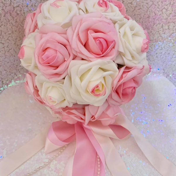Rose Ball, Pink and White Rose Ball, Kissing Ball, Wedding Decor, Flower Girl Bouquet