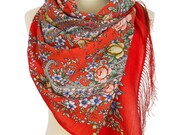 Women 39 s PAVLOVO POSAD SCARF 60x150 cm Russian Shawl knitted silk fringe Soft 100 Merino Wool Yarn Pashminа Winter Warm Floral Gift 1747-5