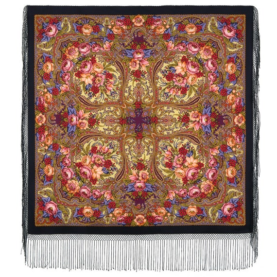 women gift scarf wrap pashmina 1122-16 Free shipping 58x58 in Original Pavlovo Posad russian shawl 100% wool silk fringe 148x148 cm
