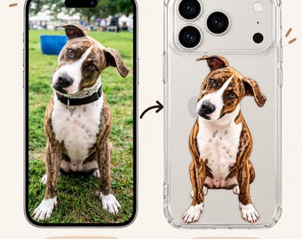 Puede incluir: Una funda transparente para smartphone con una ilustración personalizada de un perro atigrado y blanco con la cabeza inclinada, junto a una foto de referencia del mismo perro sentado en la hierba, con las etiquetas BEFORE y AFTER.