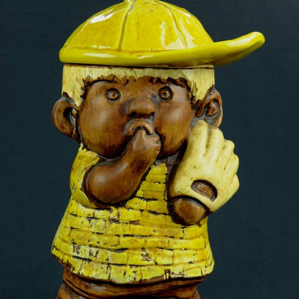 ADORABLE Cookie Jar Treasure Craft Baseball Boy With Yellow Cap And Glove Sucking His Thumb Vintage Made in America Collectible 2 Piece