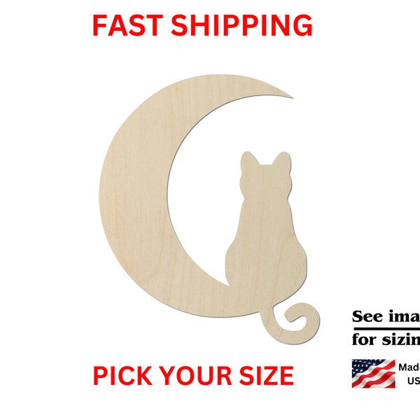 Unfinished Wooden Cat Shape 06 | Cat Moon Blank Cutout | Craft Supplies | Bulk Cat