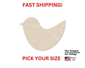 May include: A light-colored, unfinished wooden cutout in the shape of a bird with a smooth surface and visible wood grain. The image includes the text FAST SHIPPING!, PICK YOUR SIZE, See images for sizing!, and Made in USA with a flag icon.