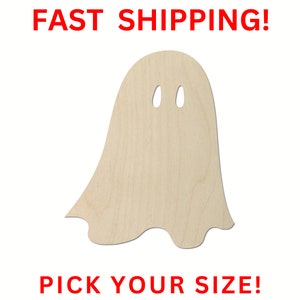 May include: Unfinished wooden ghost cutout, perfect for crafting and decorating for Halloween.  The ghost has a simple design with two eye holes.