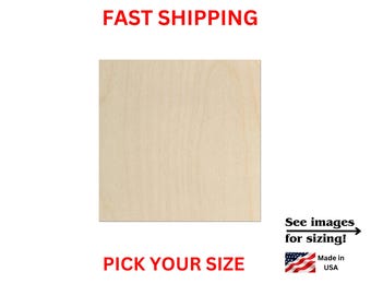 Op de afbeelding: Een vierkant stuk lichtgekleurd hout met een gladde nerf en een natuurlijke afwerking. De afbeelding bevat rode tekst met FAST SHIPPING en PICK YOUR SIZE, samen met zwarte tekst met See images for sizing! en een klein Amerikaans vlag-icoon.