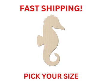 May include: A light-colored, flat, wooden seahorse cutout with a smooth surface, featuring a curved tail, a small fin on the side, and a distinct head shape. The cutout is presented as a simple, unpainted, natural wood silhouette against a plain background.