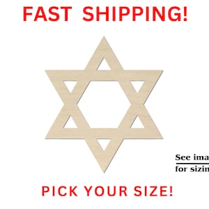 May include: A wooden cutout of a six-pointed Star of David, also known as the Magen David, in a light brown color.  Pick your size! See images for sizing.