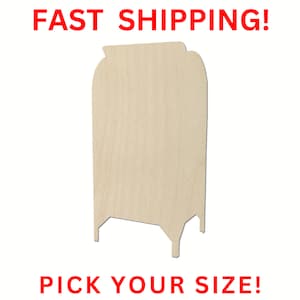 May include: A wooden cutout of a vintage mailbox with a rounded top and a rectangular body. The mailbox has a small opening at the top and a base with two legs.