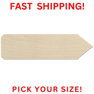 May include: A blank wooden arrow sign with a rounded top and pointed end. The sign is made of light-colored wood and is ready to be painted or decorated.