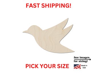 May include: A light-colored, flat wooden cutout in the shape of a bird in flight. The text on the image reads: FAST SHIPPING!, See images for sizing!, PICK YOUR SIZE, and Made in USA with a small American flag icon next to the text.