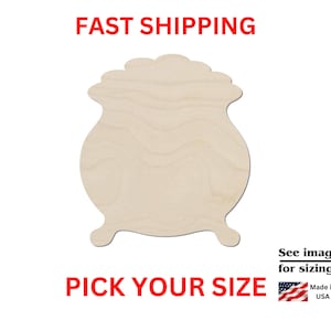 May include: Unfinished wooden cutout of a pot of gold. The pot is shaped like a cauldron with a rounded top and a wide base. The cutout is ready to be painted or decorated.