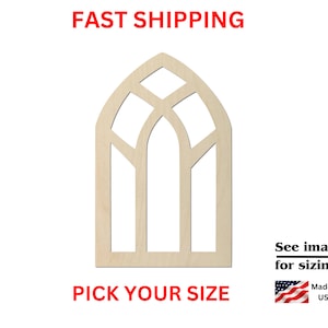May include: A light-colored wooden gothic arch window frame with a cutout design. The text "FAST SHIPPING" and "PICK YOUR SIZE" are displayed in red. The image also includes the text "See images for sizing!" and a small American flag.