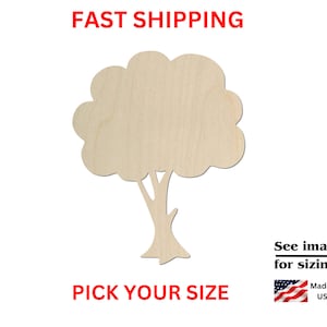 May include: A wooden cutout of a tree with a simple trunk and a rounded crown. The tree is unpainted and ready to be decorated.  Pick your size.
