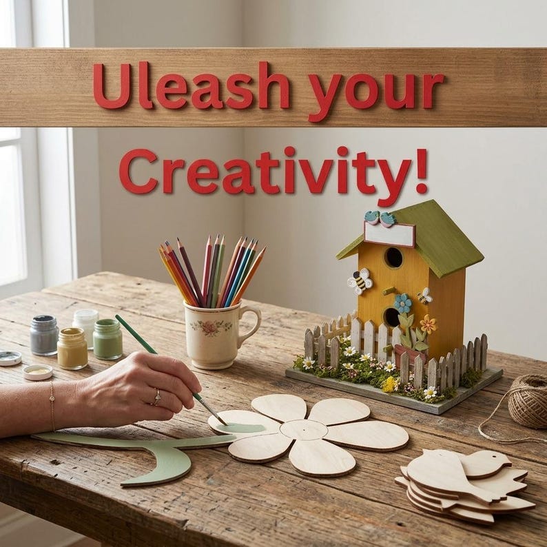 A person's hand is painting a wooden flower on a wooden table, surrounded by art supplies and a birdhouse.