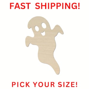 May include: A wooden cutout of a friendly ghost with a smiling face and two eyes. The ghost is white and has a simple, cartoon-like design.