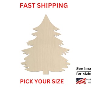 May include: A light beige, flat, wooden cutout in the shape of a Christmas tree with jagged, layered branches. The text reads: FAST SHIPPING, PICK YOUR SIZE, See images for sizing!, Made in USA, accompanied by a small American flag icon.