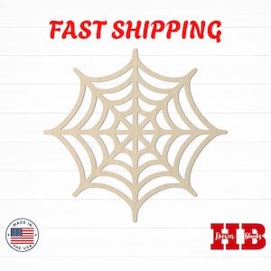 May include: A light-colored, flat wooden cutout in the shape of a spider web with a symmetrical, multi-layered design featuring radiating lines and curved connecting segments, presented as a single decorative piece for craft projects.