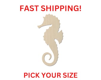 May include: A light-colored, flat, wooden seahorse cutout with a smooth surface and a curled tail. The seahorse is positioned vertically in the center of the image, featuring a distinct head, snout, and textured dorsal fin along its back.