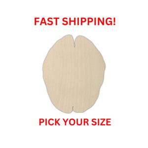 May include: A light-colored, unfinished wooden cutout shaped like a human brain, featuring a smooth surface with visible natural wood grain patterns. The object is symmetrical with a central vertical indentation, presented as a flat, die-cut shape.