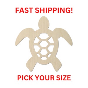 May include: Wooden cutout of a sea turtle with a detailed shell design.  "Pick Your Size" text is below the turtle.
