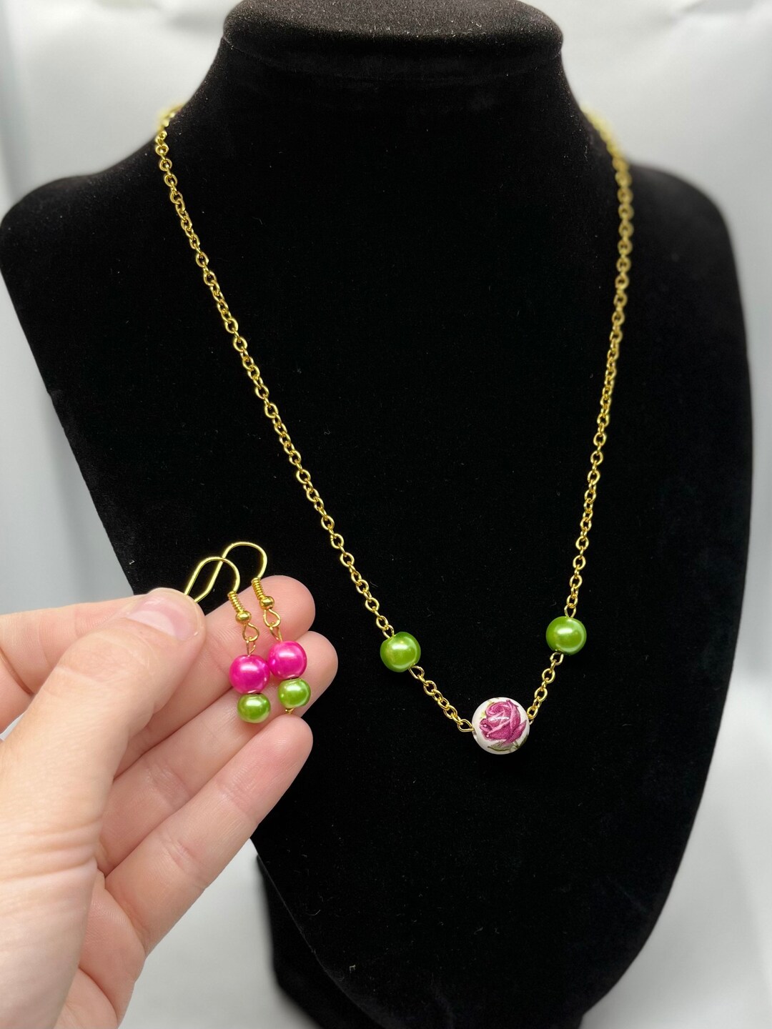 Tiny Flower Pendant, Flower Petal Necklace and Earring Set