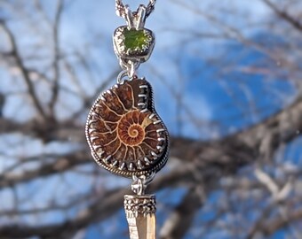 Ammonite, Peridot and Quartz Pendant