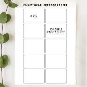 May include: A sheet of white inkjet weatherproof labels with a grid of ten rectangular labels. The top left label is labeled "3 x 2". The text "10 LABELS PAGE / SHEET" is printed on the right side. The text "INKJET WEATHERPROOF LABELS" is at the top.