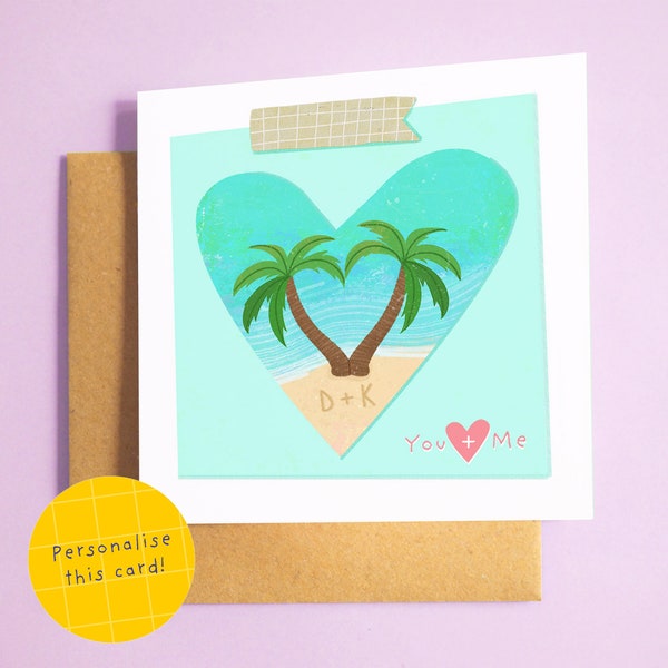 Island Palm Trees on the Beach Greetings Card ︳Personalised Anniversary Card, Husband, Wife, Boyfriend, Girlfriend, Partner