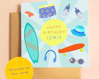 Surf and Skate Personalised Birthday Card Blue  ︳Kids Party ︳Boy ︳Girl