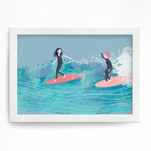 Print - Surf Girls Wall Art, Surfing, Surfer, Ocean Illustration