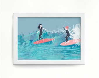 Print - Surf Girls Wall Art, Surfing, Surfer, Ocean Illustration