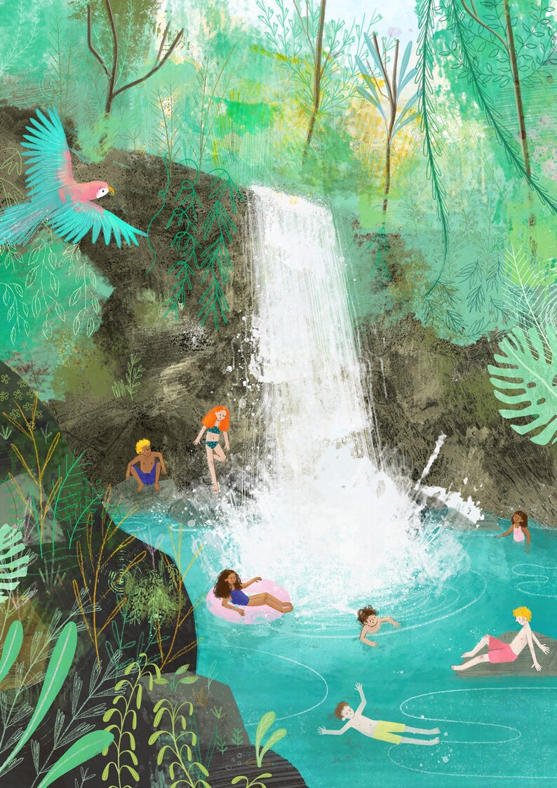 Print Waterfall Illustrated Wall Art, Tropical Jungle, Holiday image 2