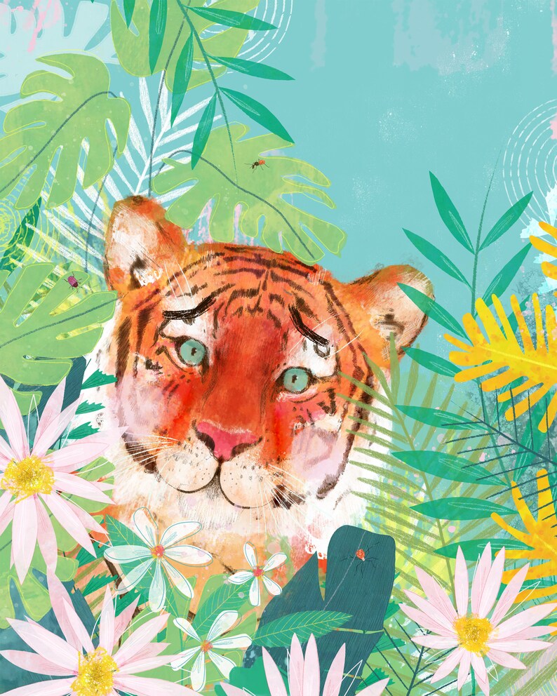 Print Hello Tiger Illustrated Wall Art, Jungle Print, Art Print image 2