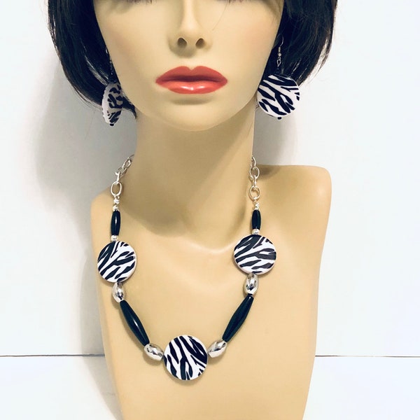 Zebra Necklace Set, Zebra Necklace, Zebra Print Jewelry, Zebra Print Earrings, Zebra Print Necklace, J’NING Jewelry, Black & White Necklaces