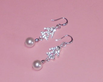 Rhinestone and Pearl Earrings. Bridal Earrings, Wedding Earrings, Wedding Jewelry, Dangle Earrings, Prom Earrings, J'NING Jewelry