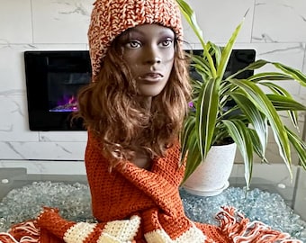 Hat and Scarf Set, Winter Hat and Scarf Set, Women's Hat and Scarf Set, Orange Winter Hat and Scarf Set, Orange Winter Hats, Gifts