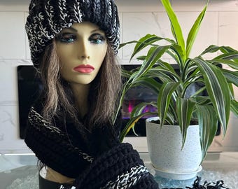 Hat and Scarf Set, Winter Hat and Scarf Set, Women's Hat and Scarf Set, Black Winter Hat and Scarf Set, Crochet Hat and Scarf Set,