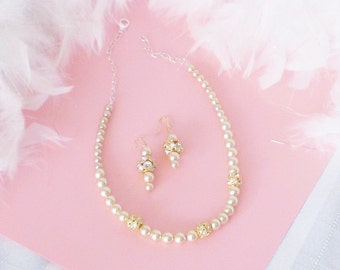 Almond and Gold Necklace Set, Bridal Earrings, Bridal Jewelry Sets, Wedding Jewelry Sets, Prom Jewelry, Crystal Earrings,