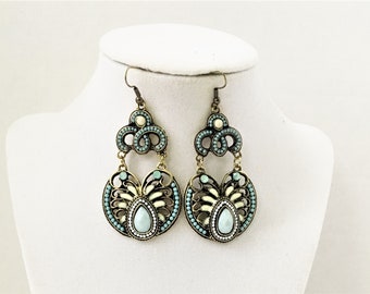 Turquoise Boho Earrings: Antique Goldtone Aztec Dangle Earrings