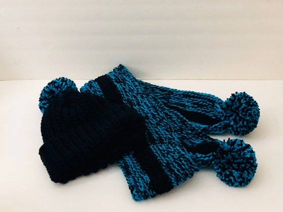Crochet Aqua & Black Hat and Scarf Set: Warm Winter Beanie  display picture 1