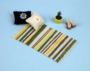 Set of Decoration Miniatures - Rug, Throw Cushions, Flower Pot and Candles - 1/12 Scale