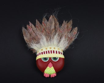 The Owl with Native American Hat, Polymer Clay Owl Magnet, Polymer Clay Ornaments