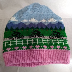 May include: A knitted winter hat with a blue sky, white clouds, purple mountains, green trees, and a pink and green patterned border.