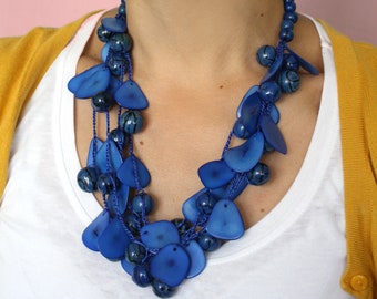 Blue Chunky Necklace, Tagua Nut Necklace, Vegetable ivory necklace, Royal blue necklace, Amazing gift