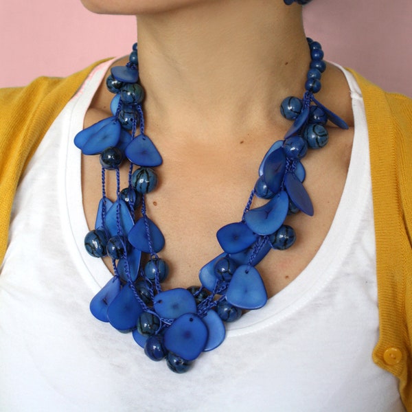 Collana robusta blu, collana di noci Tagua, collana d'avorio vegetale, collana blu reale, regalo straordinario