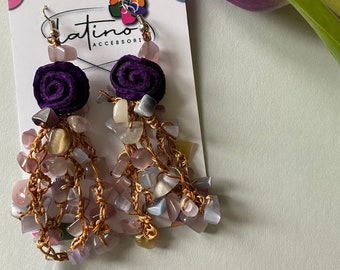 Purple Roses Long Earrings, Purple Orange Peel Roses, Purple Earrings, Pink Earrings, Cat's eye gemstone, More colours!