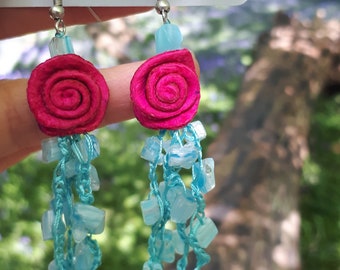 Pink Roses Long Earrings, Pink Orange Peel Roses, Blue Earrings, Blue Murrina Earrings, Green Agate earrings, More colours!