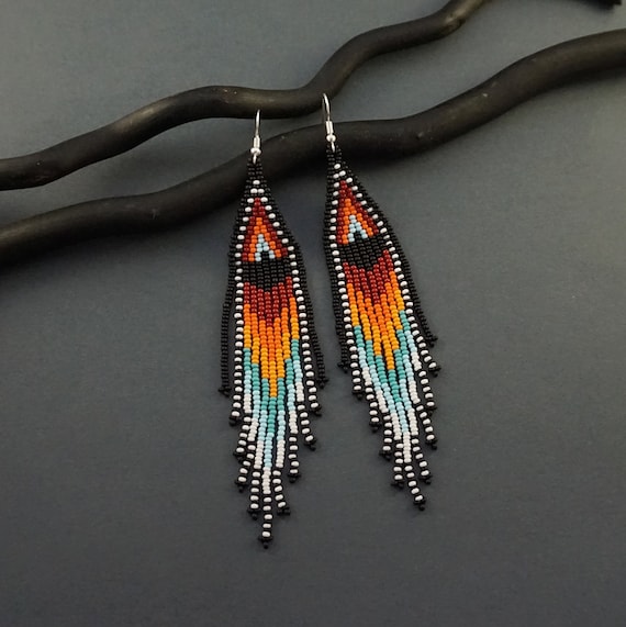 Surgical Steel Handmade Set Earrings Pendant Etno Boho Native American Vintage Diamond Shape Toho 110 Seed Bead Traditional Antiallergic