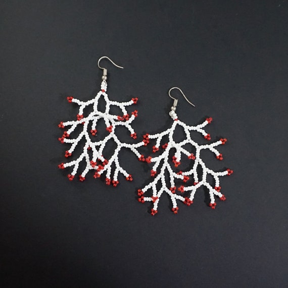 White Statement earrings Large earrings Beaded dangle Etsy